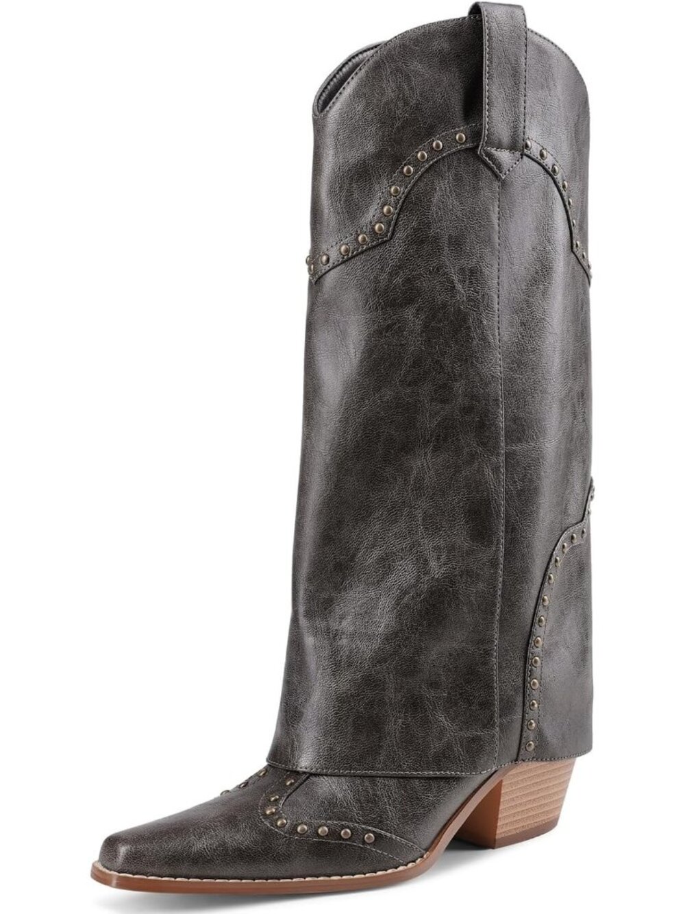 Women's Grey Shark Boots Knee High Cowboy Cowgirl Fold Over Chunky Heel Boots